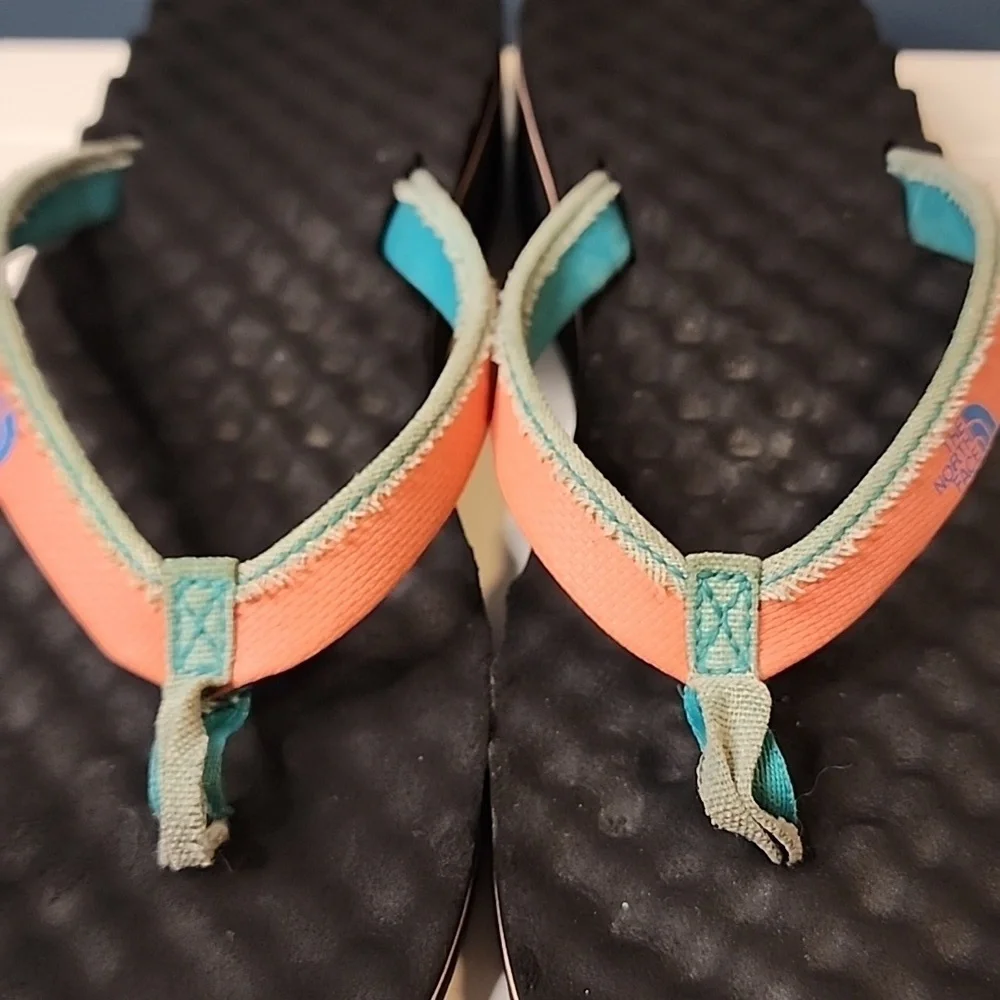 The North Face Orange Teal Black Sandals Elevated Heel Thong Flip Flop Womens